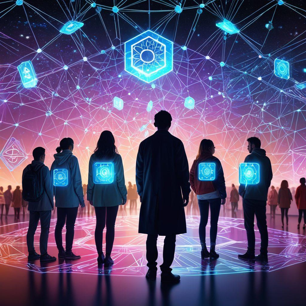 A futuristic digital landscape featuring a diverse group of people interacting with holographic ID badges, surrounded by interconnected blockchain symbols. The scene embodies innovation and technology, with bright circuit patterns in the background. Emphasize the blending of physical and digital identities, showcasing a harmonious global community. super-realistic. vibrant colors. 3D.