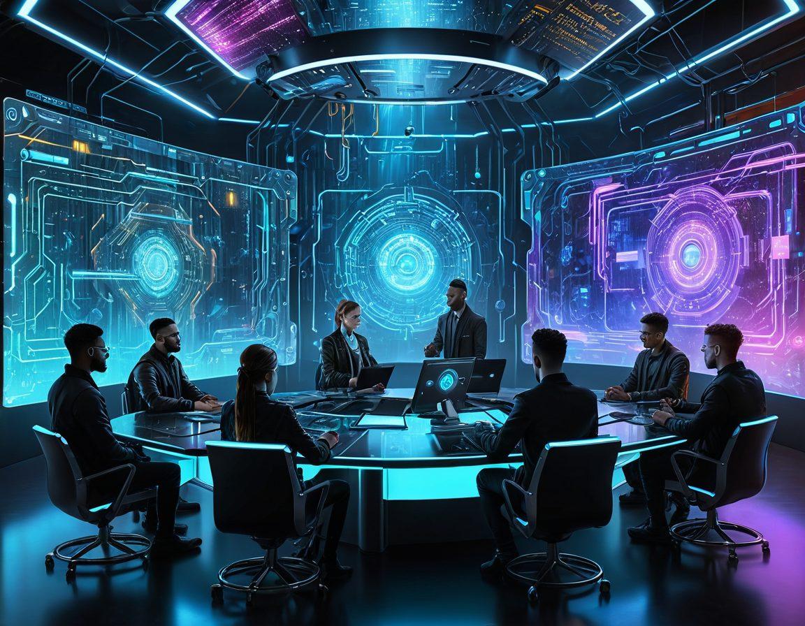 A futuristic digital scene showcasing a diverse group of individuals interacting with holographic representations of decentralized identity concepts, surrounded by locks and shields symbolizing cybersecurity. The background features binary code and abstract data streams to emphasize privacy. Use vibrant colors to evoke a sense of innovation and security. super-realistic. cyberpunk. vibrant colors.