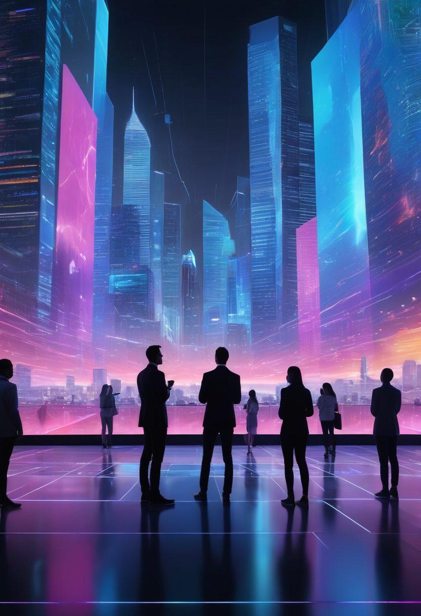 A futuristic digital landscape showcasing diverse individuals engaged in vibrant discussions around giant holographic screens displaying web technologies and trends. Incorporate symbols of innovation like AI, cloud computing, and blockchain, with a glowing cityscape in the background. The atmosphere should feel collaborative and dynamic, reflecting a blend of technology and human interaction. super-realistic. vibrant colors. 3D.